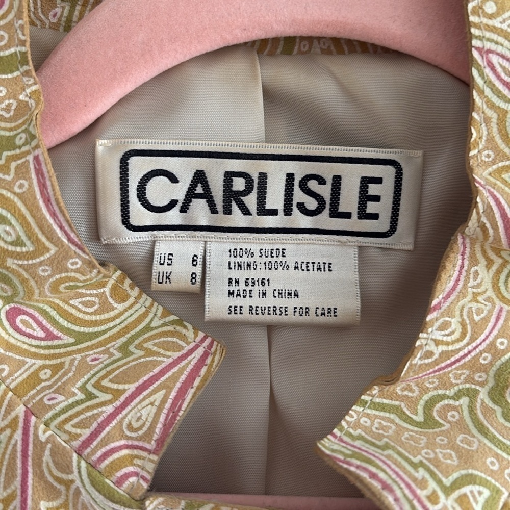 Carlisle Suede Paisley Blazer/Green/Pink/Tan/White. Snaps/Zippers. Size 6 - Picture 8 of 12
